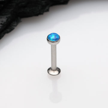 Detail View 1 of Fire Opal Bezel Set Top Threadless Push-In Steel Labret-Blue Opal